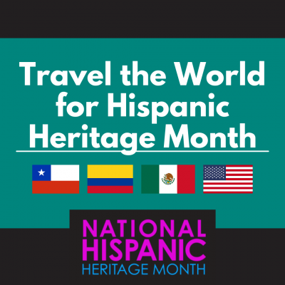 Text "travel the world for hispanic heritage world"