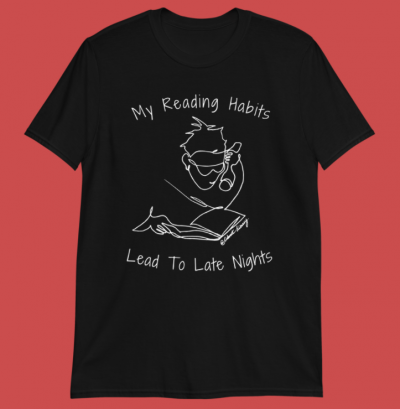 shirt with one-line drawing showing someone reading by flashlight