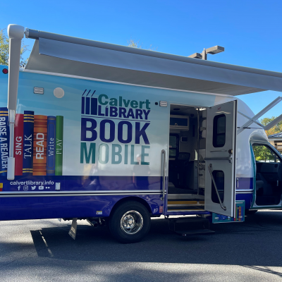 Calvert Library Bookmobile picture with door open and awning open